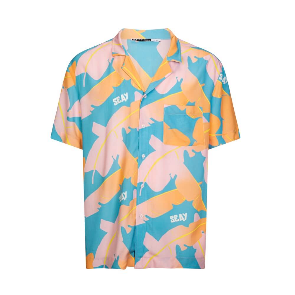 Seay / Camicia Hawaiana Rosa Blu Foglie Banano