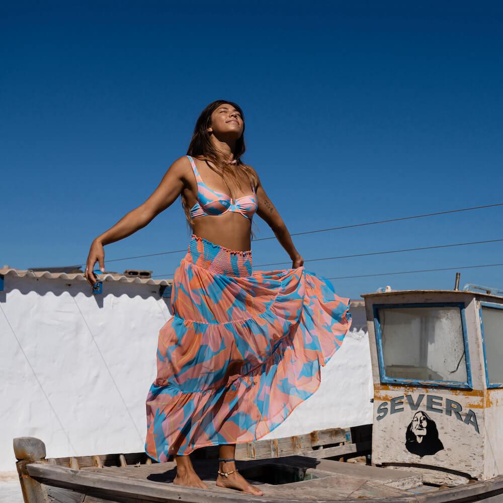 Seay / Maxi Gonna Rosa Blu Foglie Banano