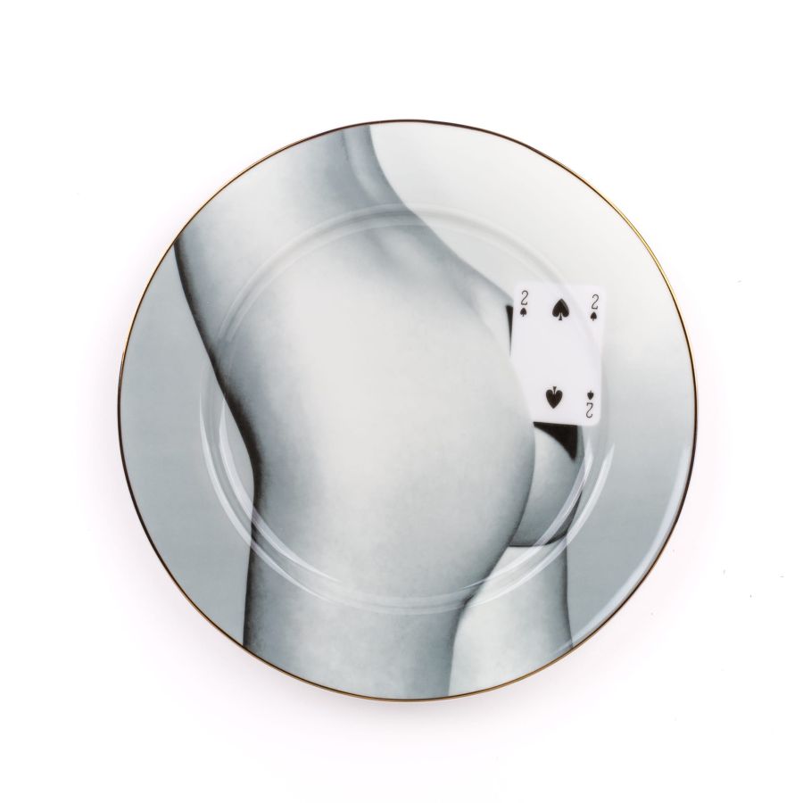 Seletti Porcelain Plate Two of Spades Gold Border