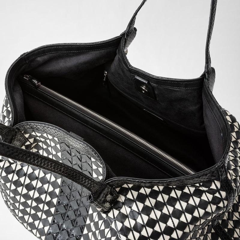 Serapian Secret Tote Bag In Mosaico And Elaphe Black Off-white