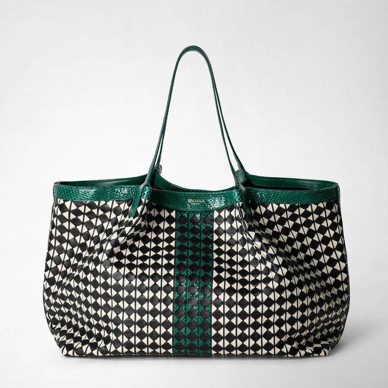 Serapian Secret Tote Bag Mosaico Elaphe Black-white-emerald