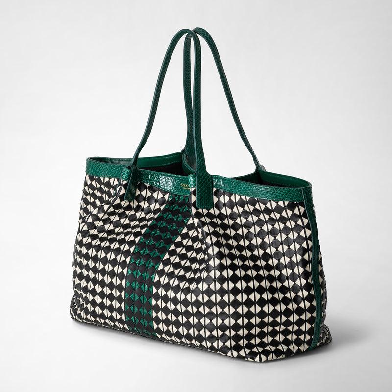 Serapian Secret Tote Bag Mosaico Elaphe Black-white-emerald