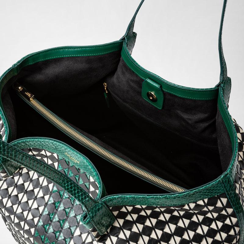 Serapian Secret Tote Bag Mosaico Elaphe Black-white-emerald
