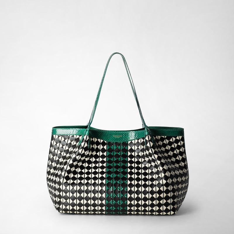 Serapian Small Secret Tote Bag Mosaico Elaphe Black-emerald
