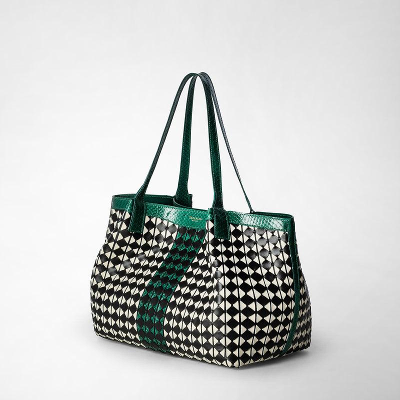 Serapian Small Secret Tote Bag Mosaico Elaphe Black-emerald