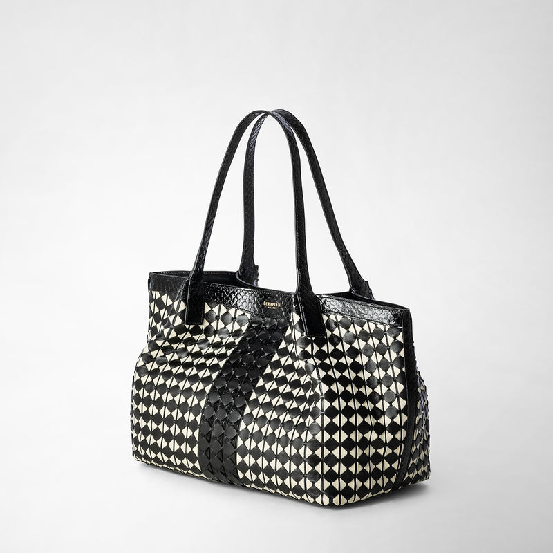 Serapian Small Secret Tote Bag Mosaico Elaphe Black- Off White