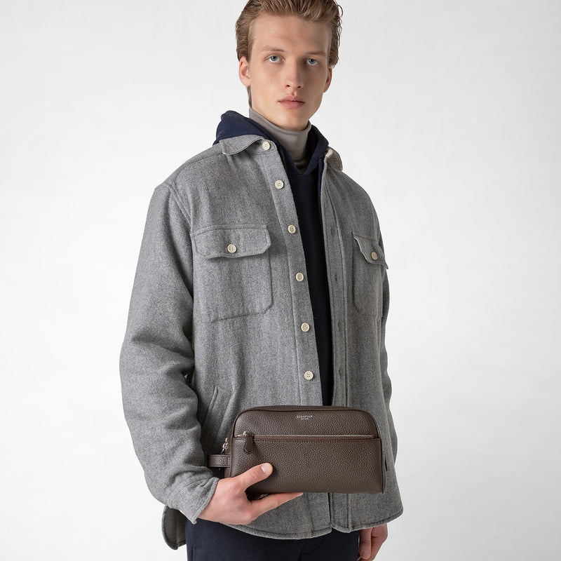 Serapian Trousse bagno doppia zip pelle cachemire espresso