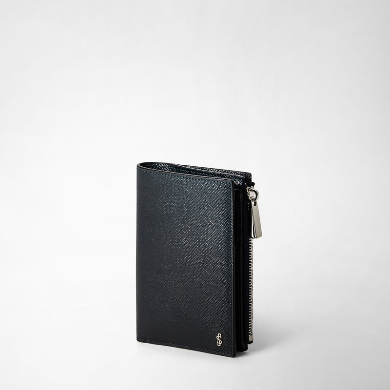 Serapian Vertical Billfold With Zip In Evoluzione Leather Navy Blue