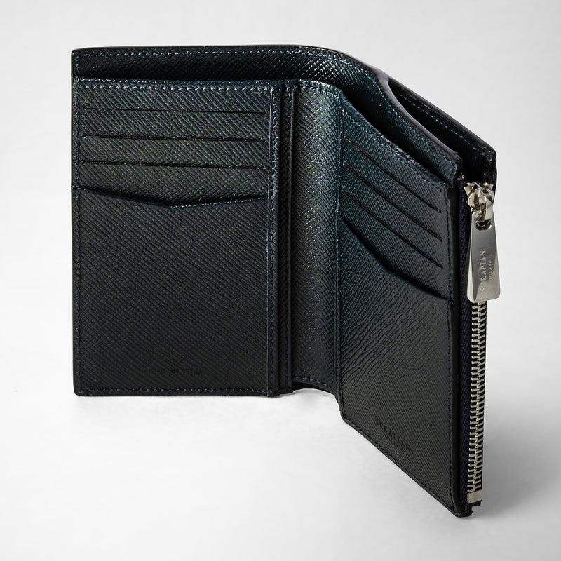 Serapian Vertical Billfold With Zip In Evoluzione Leather Navy Blue