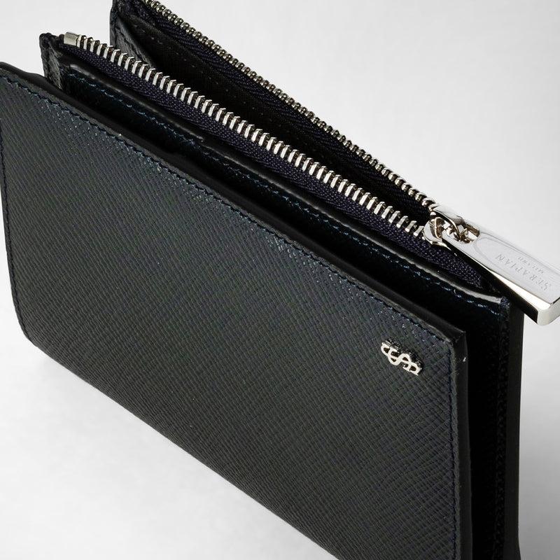 Serapian Vertical Billfold With Zip In Evoluzione Leather Navy Blue