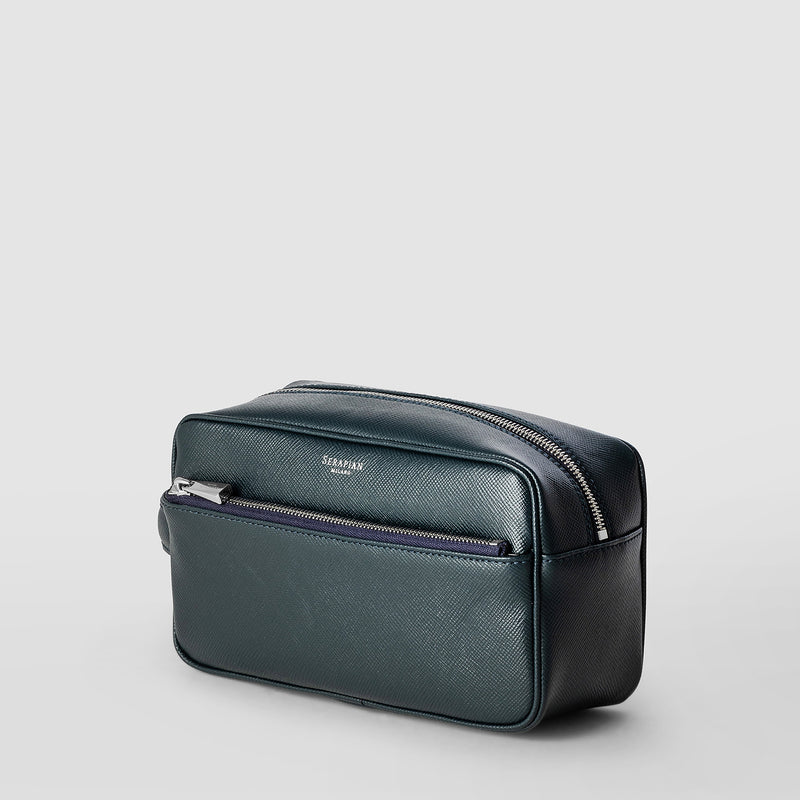 Serapian Wash Bag Recycled Twill Evoluzione Leather Navy Blue