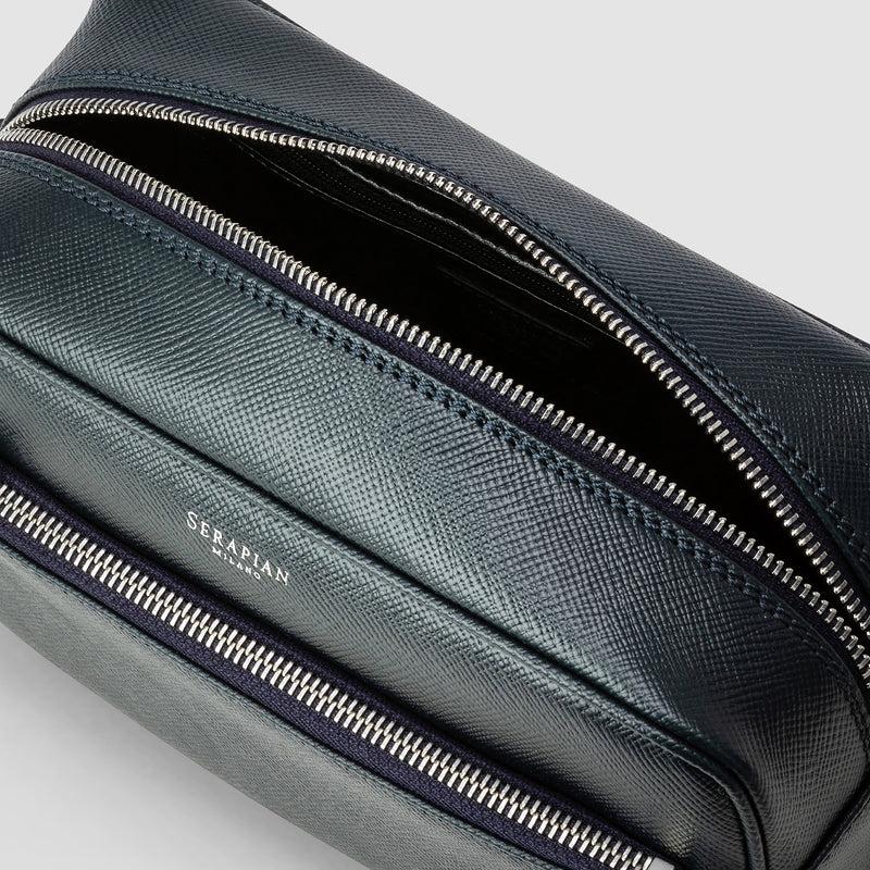 Serapian Wash Bag Recycled Twill Evoluzione Leather Navy Blue