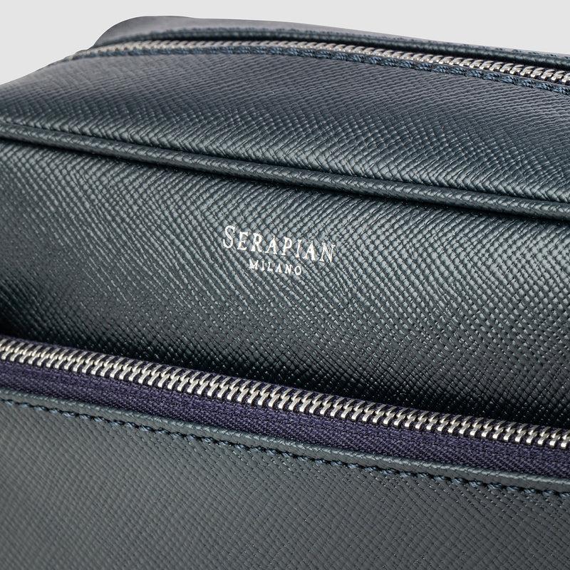 Serapian Wash Bag Recycled Twill Evoluzione Leather Navy Blue