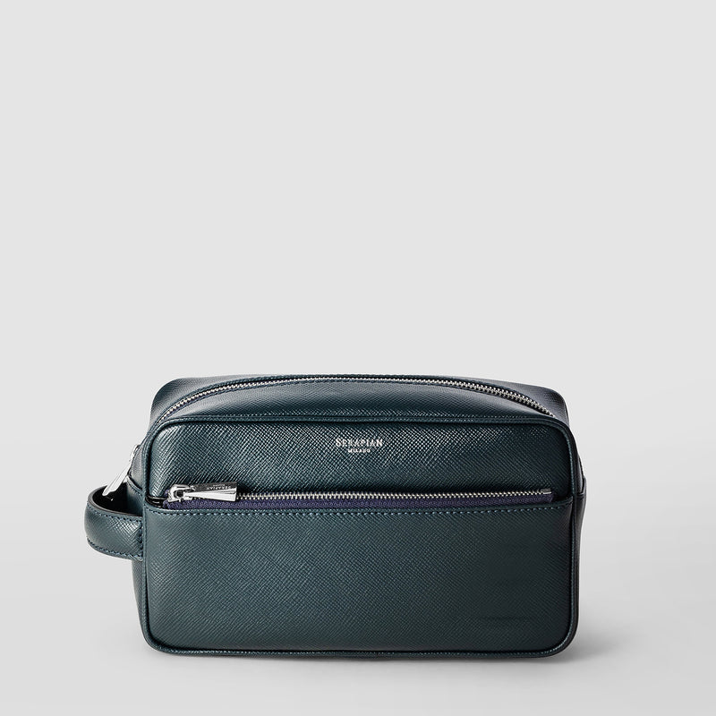 Serapian Wash bag recycled twill evoluzione leather navy blue