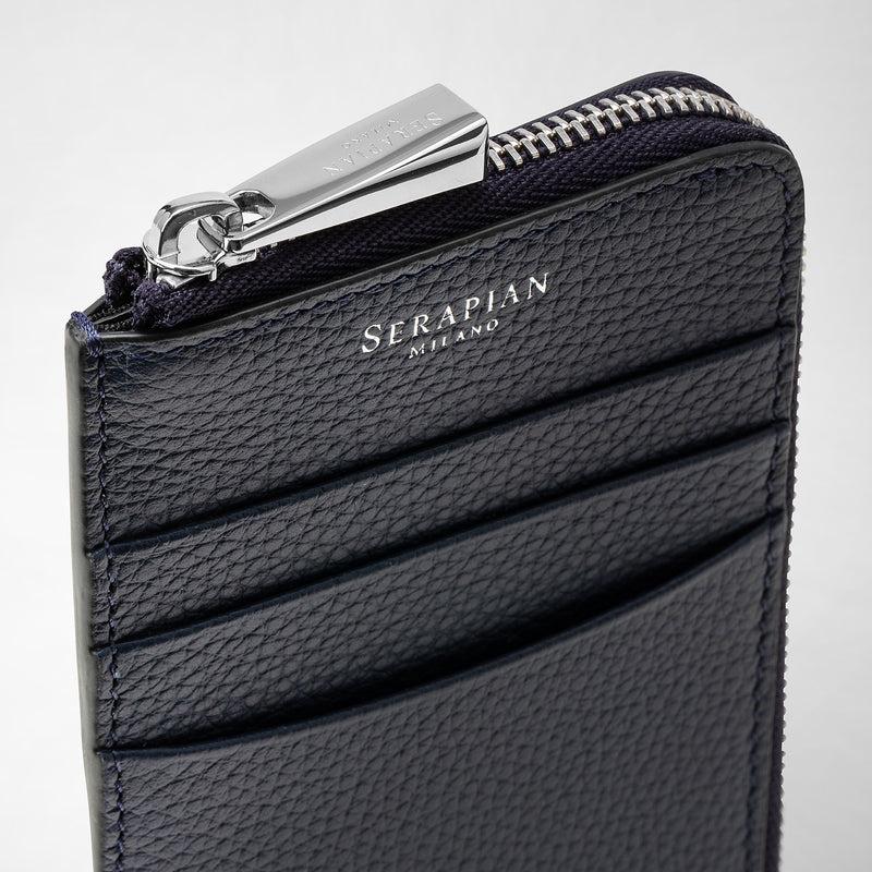 Serapian Zip Card Case In Rugiada Leather Navy Blue