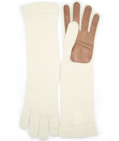 Sermoneta Gloves Guanto In 100% Cashmere 4bt Con Palmo In Nappa Panna/Tan