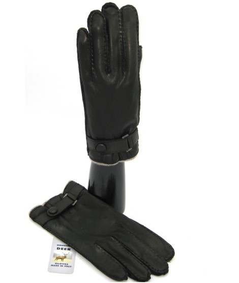 Sermoneta Gloves Guanto In Cervo Fod. Cashmere Con Cinturino Nero
