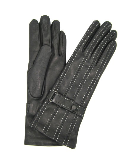 Sermoneta Gloves Guanto in Nappa 4bt con Impunture e Cinturino Nero/Ecru