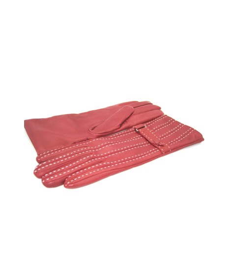 Sermoneta Gloves Guanto In Nappa 4bt Con Impunture E Cinturino Rosso Scuro/Panna