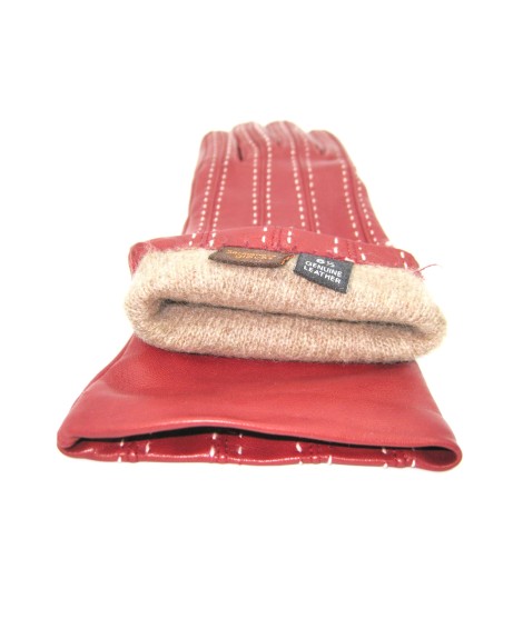 Sermoneta Gloves Guanto In Nappa 4bt Con Impunture E Cinturino Rosso Scuro/Panna