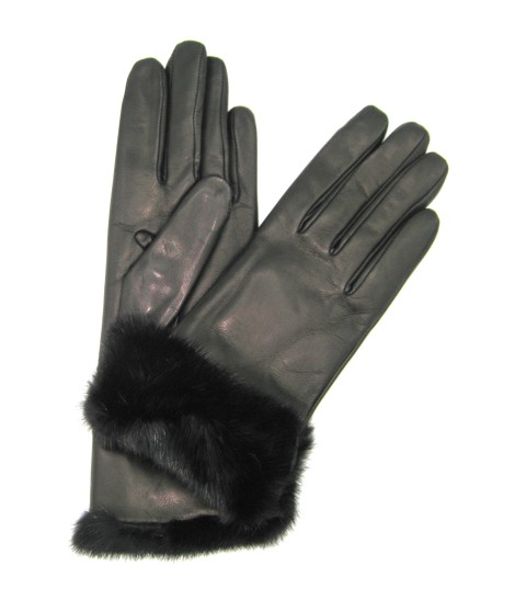 Sermoneta Gloves Guanto in Nappa 4bt con risvolto in Visone Nero