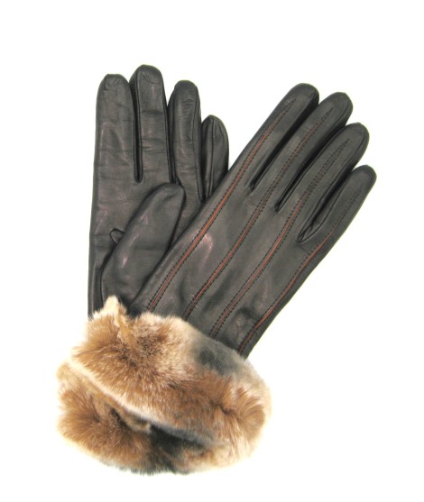 Sermoneta Gloves Guanto Nappa con intarsi a contrasto e bordo Rex Nero/Cognac