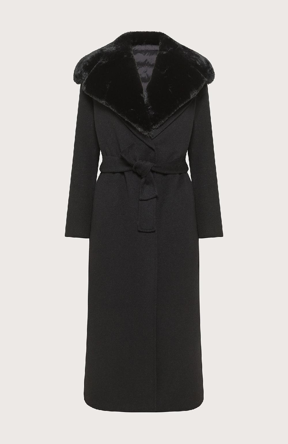 Seventy Cappotto stile vestaglia in panno double con collo in ecopelliccia - Col. Nero