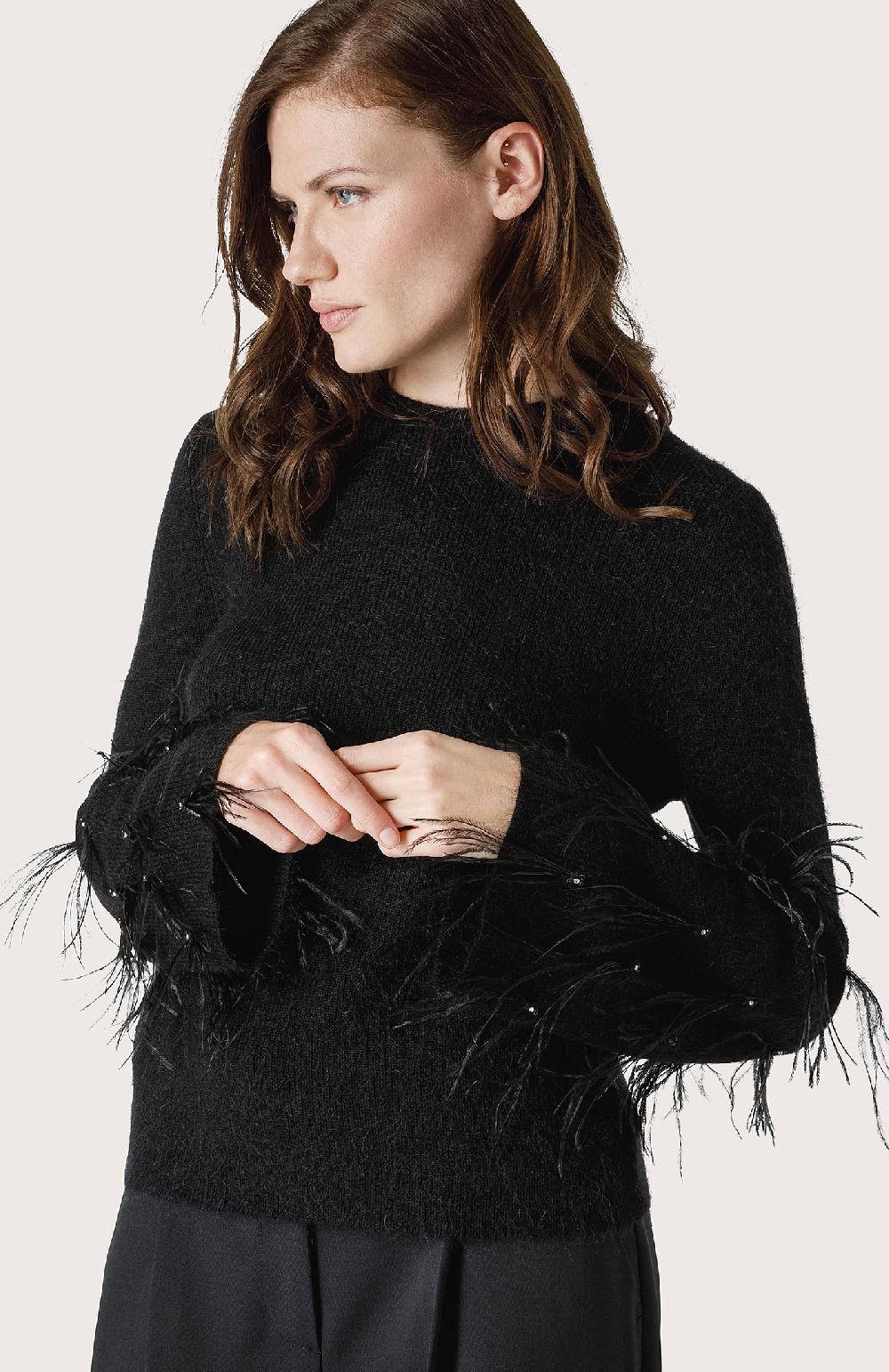 Seventy Maglia Con Piume E Pietre Ricamate A Mano - Col. Nero