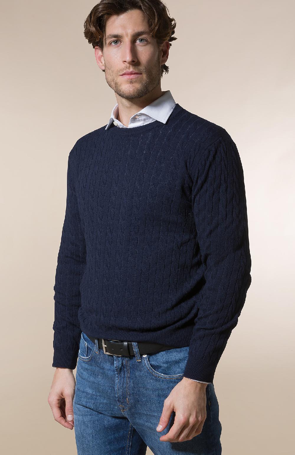 Seventy Maglione Girocollo A Trecce E Coste - Col. Blu