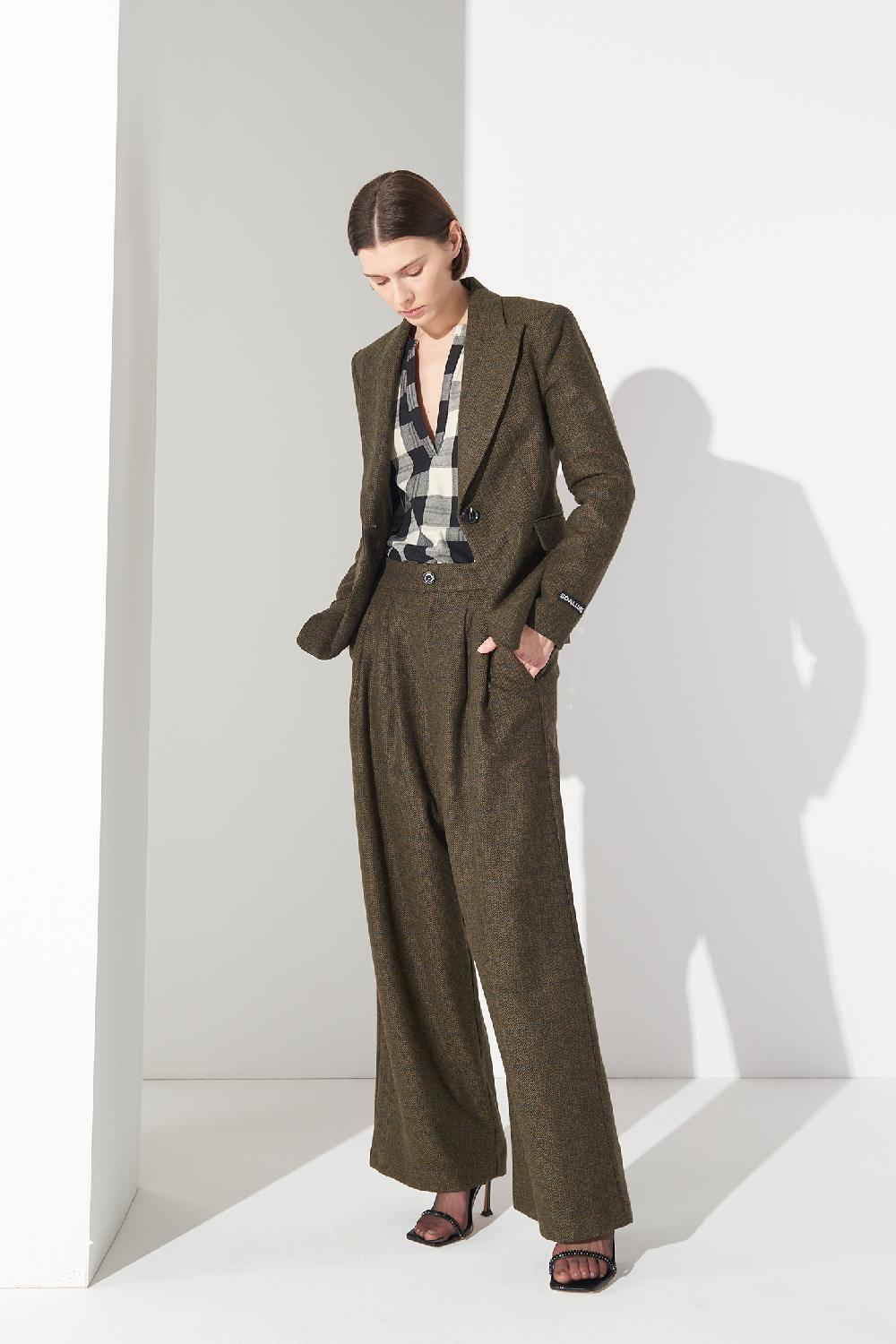 Soallure PANTALONE PALAZZO CON PENCES IN PANNO SPINATO