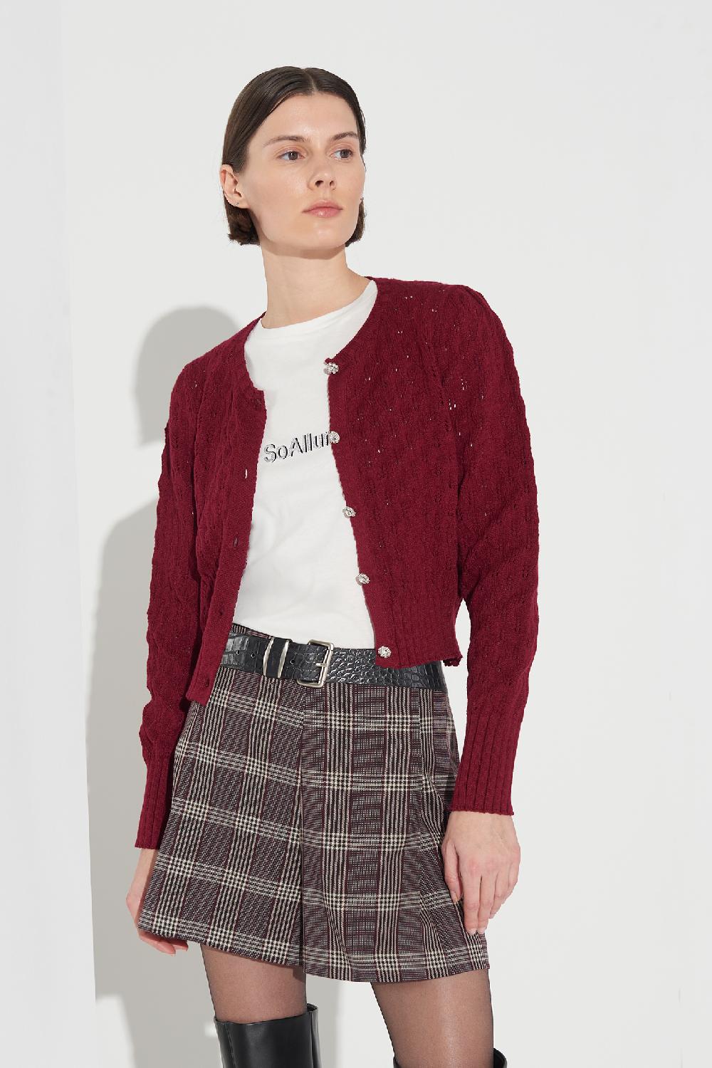 Soallure CROCHETED ROUND NECK CARDIGAN