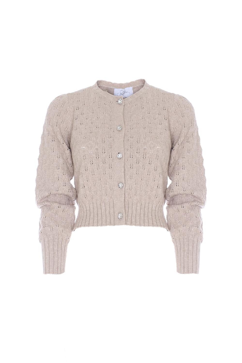 Soallure CROCHETED ROUND NECK CARDIGAN