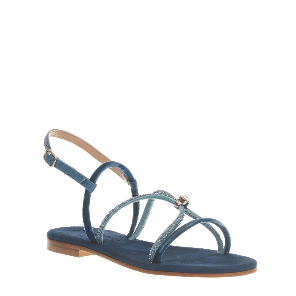 Sorelle Perego Sandalo In Velluto Blu Con Microcristalli