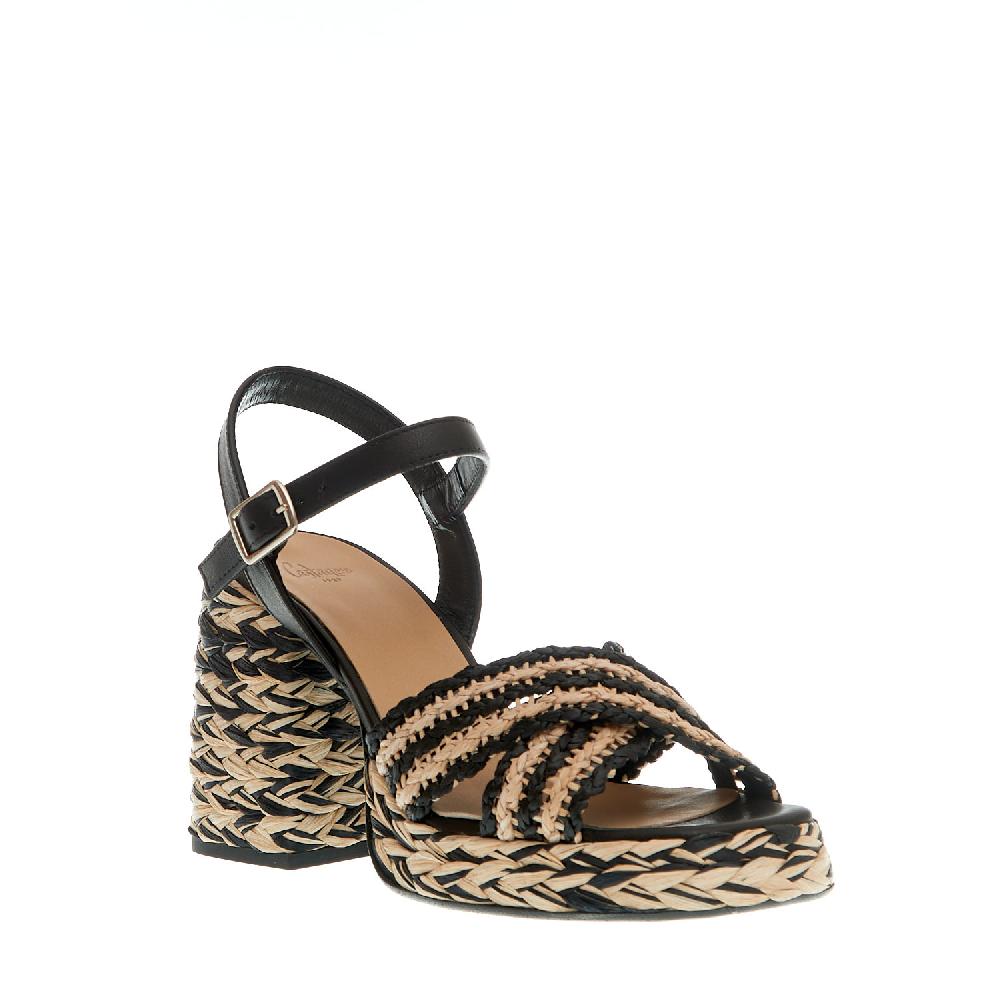 Sorelle Perego Sandalo Raffia Beige E Nero Tacco 80 Mm