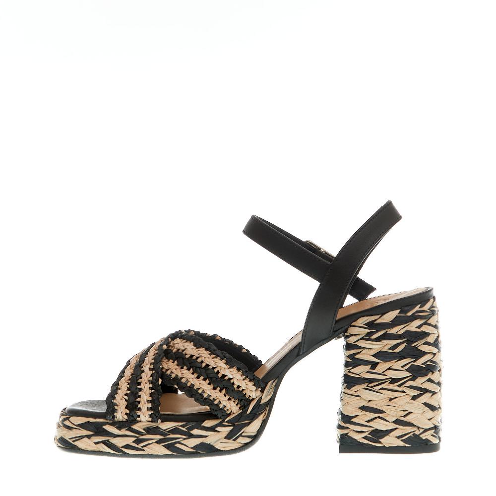 Sorelle Perego Sandalo Raffia Beige E Nero Tacco 80 Mm