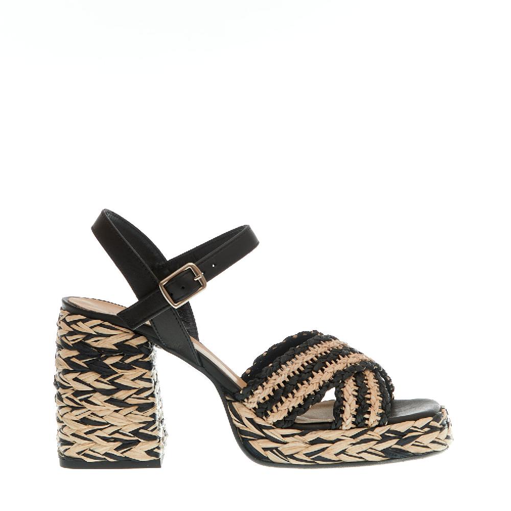 Sorelle Perego Sandalo Raffia Beige E Nero Tacco 80 Mm