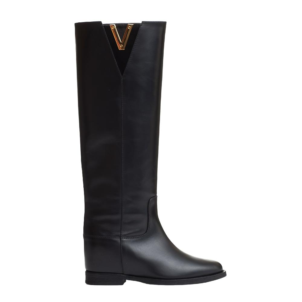 Sorelle Perego stivale pelle nera rialzo V oro e camoscio