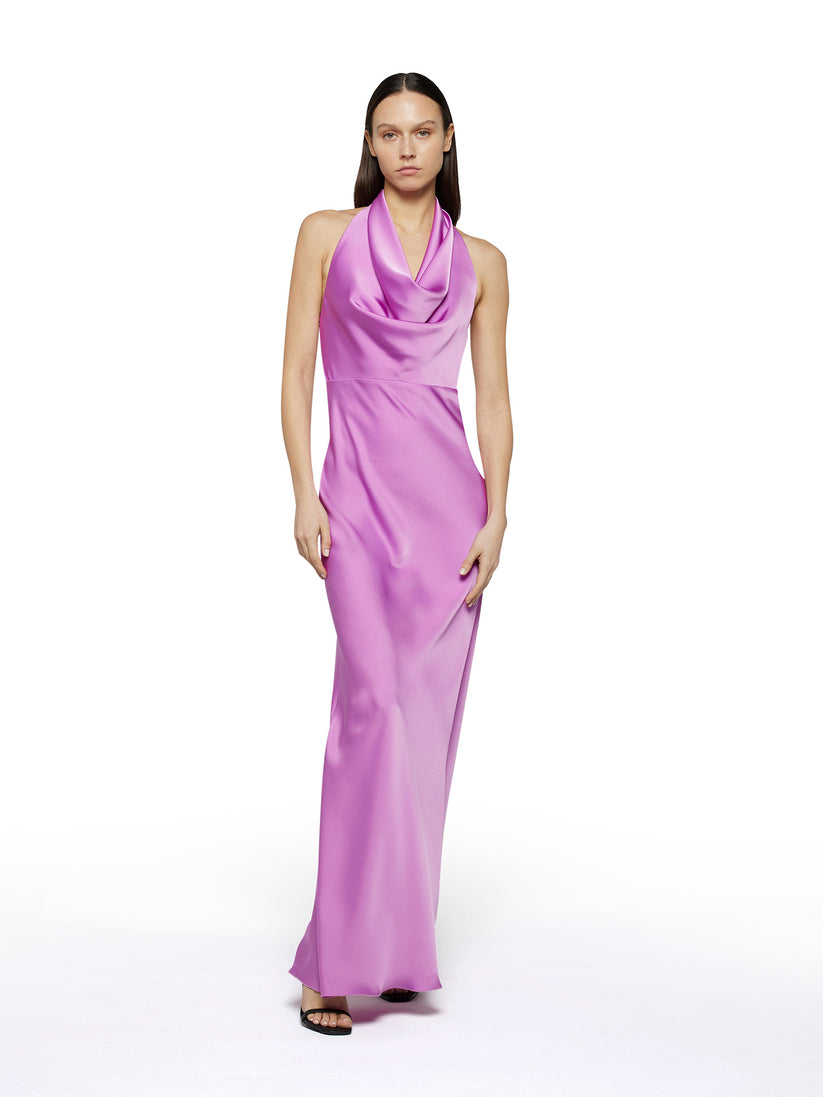 Space Simona Corsellini Abito Lungo Con Collo Blusante In Raso Heavy