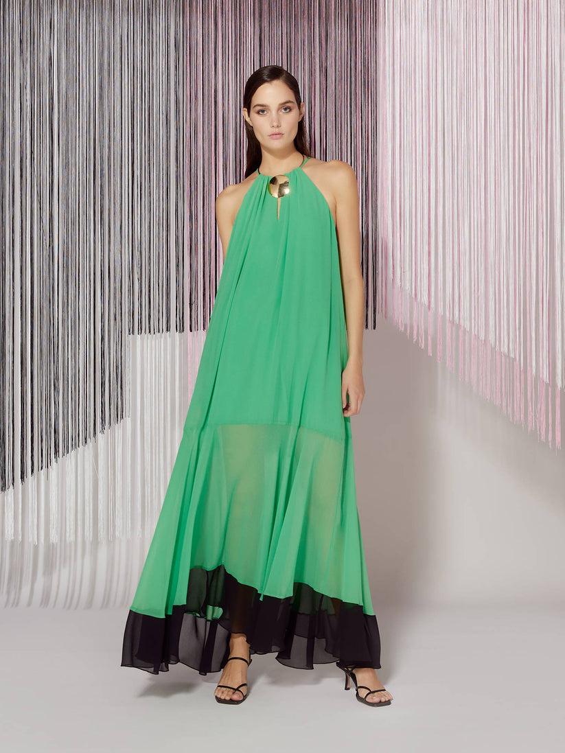 Space Simona Corsellini Abito Lungo In Georgette Con Balza Al Fondo A Contrasto