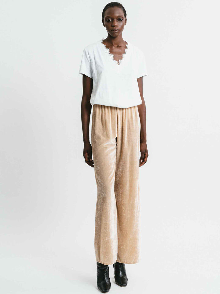 Spatarella Abbigliamento Donna Pantalone Pink Memories In Velluto Beige Con Elastico In Vita