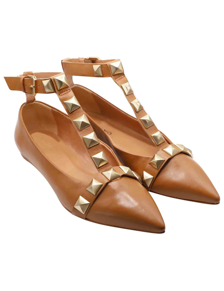 Spatarella Ballerine Donna In Pelle Cuoio Con Cinturini E Borchie Con Punta A Punta