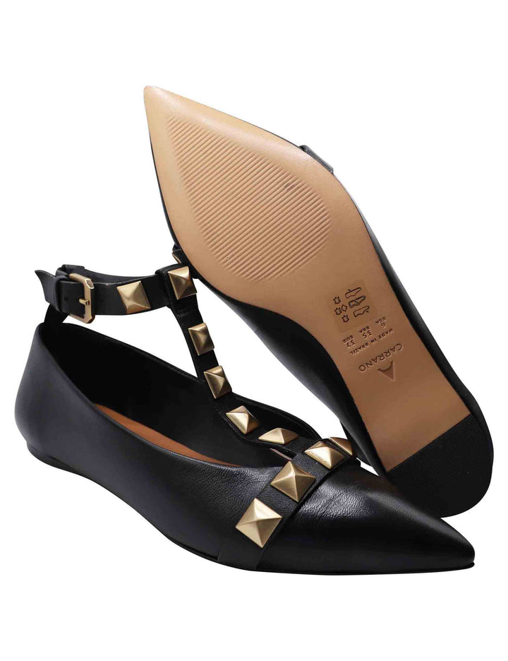 Spatarella Ballerine Donna In Pelle Nera Con Cinturini E Borchie Con Punta A Punta