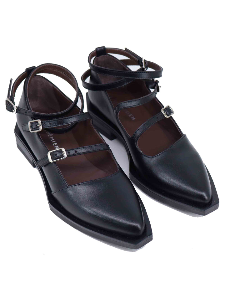 Spatarella Ballerine Donna In Pelle Nera Con Lacci Alla Caviglia