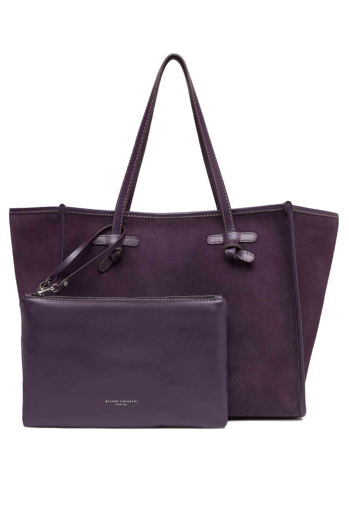 Spatarella Borsa Shopping Donna In Camoscio Viola Con Doppi Manici In Pelle