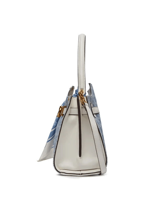 Spatarella Borse Donna A Spalla In Cotone Blu Denim E Pelle Bianca