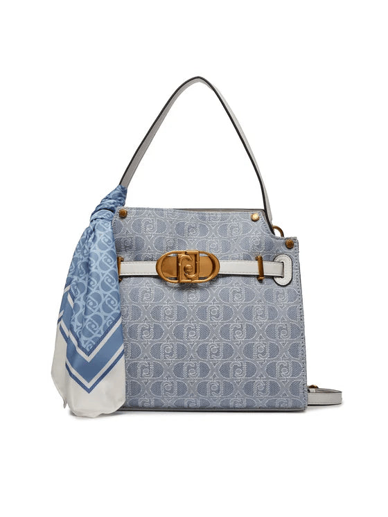 Spatarella Borse donna a spalla in cotone blu denim e pelle bianca