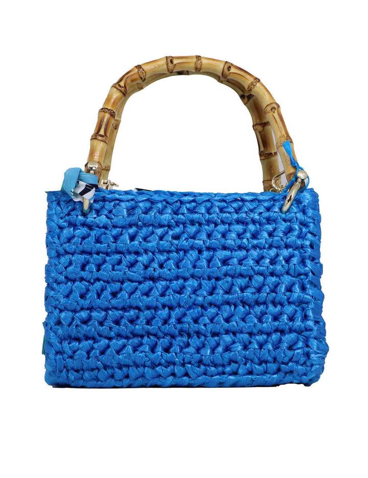 Spatarella Borse Donna A Tracolla In Rafia Azzurra Con Manici In Bambu E Tracolla In Catena Oro