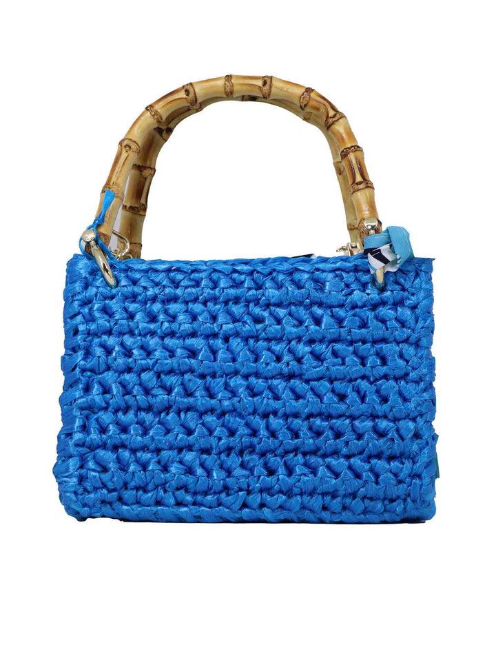 Spatarella Borse Donna A Tracolla In Rafia Azzurra Con Manici In Bambu E Tracolla In Catena Oro