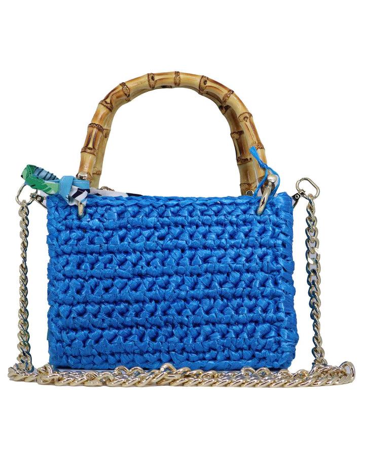 Spatarella Borse donna a tracolla in rafia azzurra con manici in bambu e tracolla in catena oro