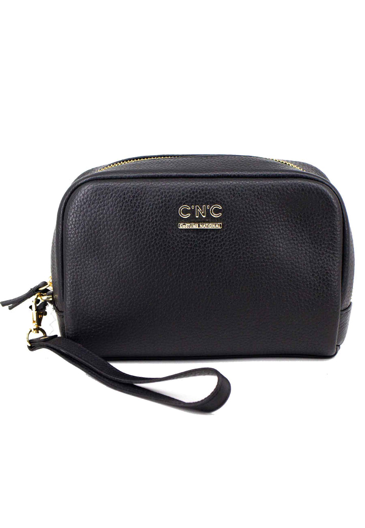 Spatarella Borsello Uomo In Pelle Nera Con Zip Oro E Bracciale In Pelle